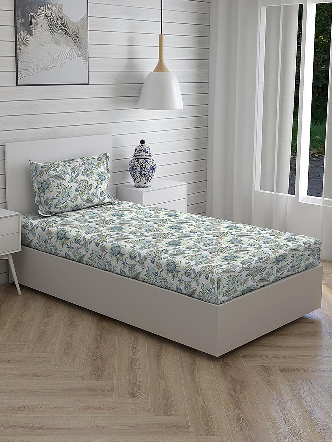 Cool Night -1 225 TC Chief Value Cotton Super Fine Blue Colored Floral Print Single Bed Sheet Set